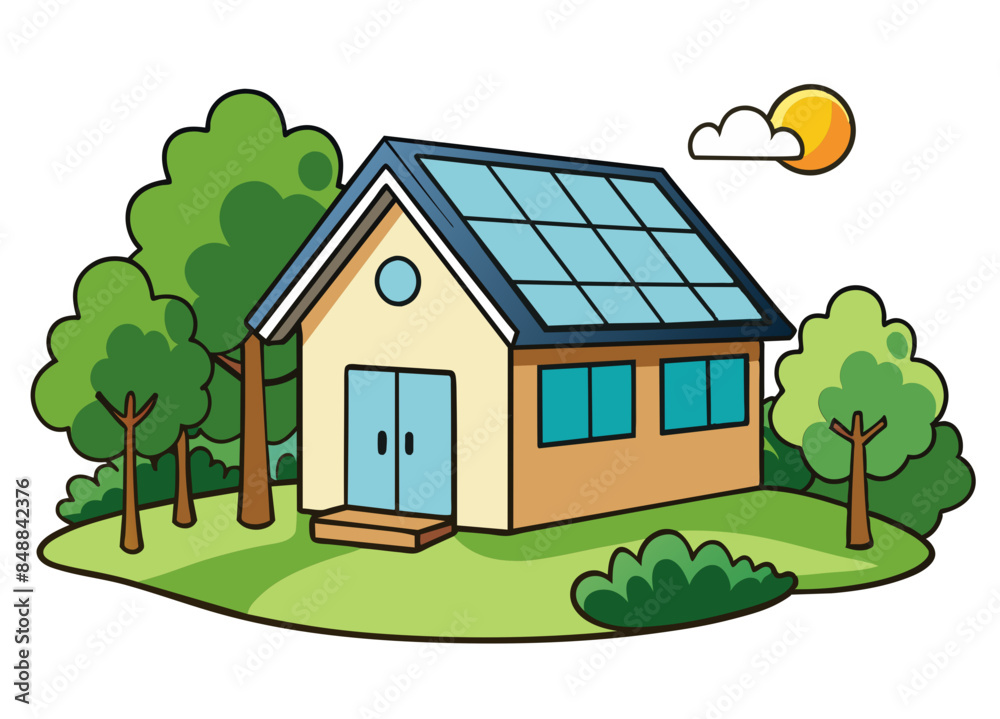Naklejka premium A house with a solar panel on the roof and a lush green garden surrounding it. Generative AI. 