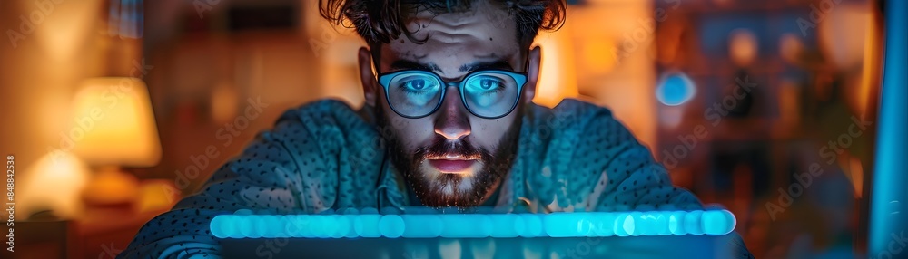 Late Night Coder Hunched Over Desk Glowing Keyboard Illuminates Determined Facial Expression Despite Exhaustion Late Night Coder Hunched Over Desk Glowing Keyboard Illuminates Determined Facial Expression Despite Exhaustion