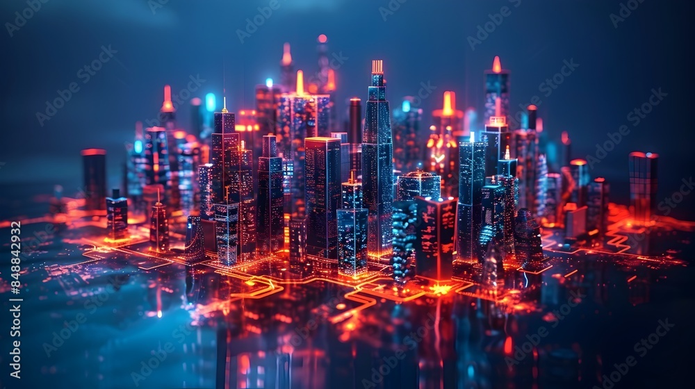 Fototapeta premium Futuristic Digital Twin City Skyline with Real Time Data and Analytics High Tech and Precision Driven Concept
