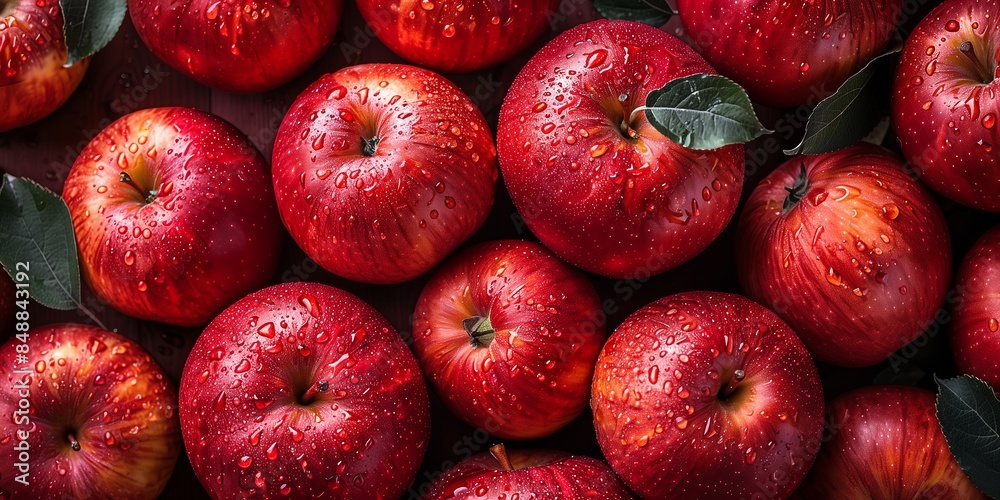 Lots of ripe, juicy red apples with leaves..