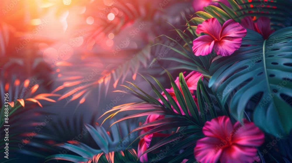 Tropical palm leaves and exotic flowers on a vibrant background.