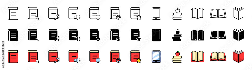 Book set icons. Reading icons. Linear, silhouette and flat styles. Vector icons. Book set icons. Reading icons. Linear, silhouette and flat styles. Vector icons.