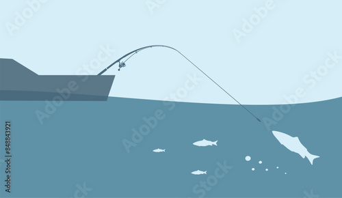 Fishing boat with a fishing rod extended into the water, fish swimming below. Minimalist vector illustration in shades of blue. Fishing and outdoor recreation. Fishing and outdoor recreation