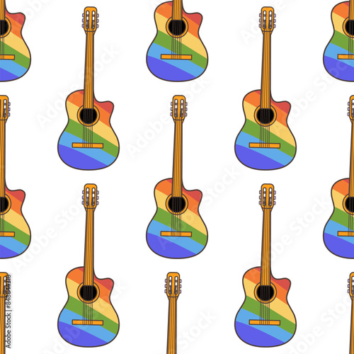 LGBT flag colored acoustic guitar seamless pattern.  70s retro clipart vector design.