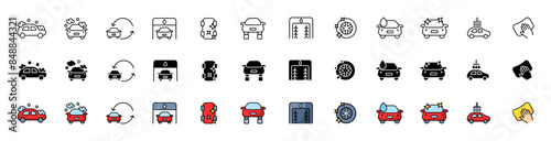 Car wash set icons. Machine Icons. Linear, silhouette and flat styles. Vector icons.