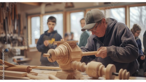 A skilled woodworker demonstrates lathe techniques to a group of engaged young apprentices in a well-equipped workshop. AIG41