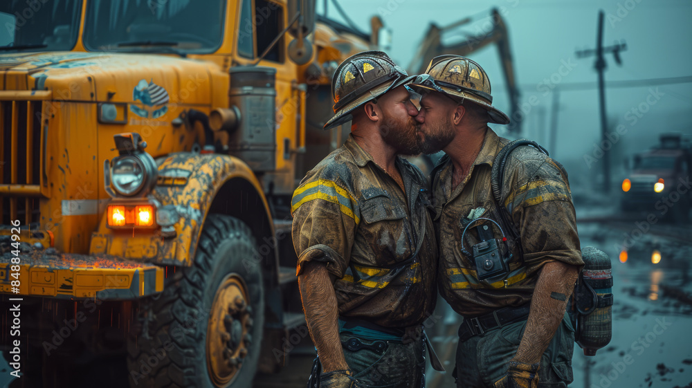 two big very obese chubby firefighter with a short beard hugging and kissing,generative ai two big very obese chubby firefighter with a short beard hugging and kissing,generative ai