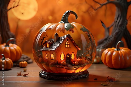 Halloween card, glass pumpkin with a house inside photo