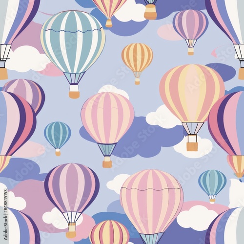  Seamless pattern of pastel hot air balloons drifting across a soft sunrise or sunset sky, symbolizing freedom and adventure, Generative AI