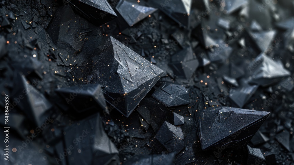 Abstract close-up of shiny black crystals with sharp edges, creating a dark, mysterious, and geometric visual impression. Abstract close-up of shiny black crystals with sharp edges, creating a dark, mysterious, and geometric visual impression.