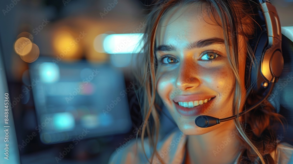 Attractive female employees in a call center are smiling, wearing over-ear headphones with microphones, talking in front of a compute. Generative AI. Attractive female employees in a call center are smiling, wearing over-ear headphones with microphones, talking in front of a compute. Generative AI.