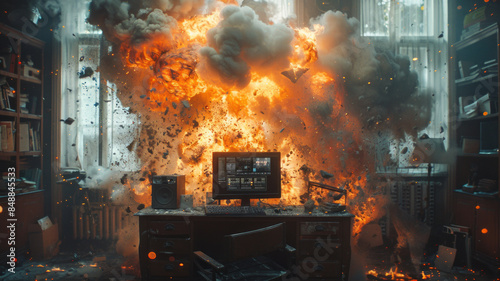 flying debris, computer heavy detonation view, backdraw, smoke and fire, chaos office, dark,generative ai © JKLoma