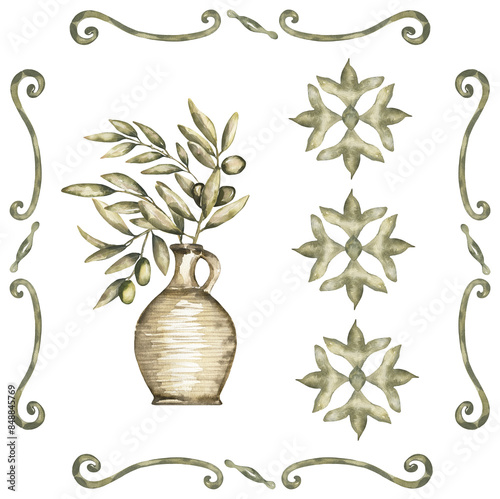 Watercolor tiles with jug and olive branch illustration, Azulejos tile clipart, floral composition