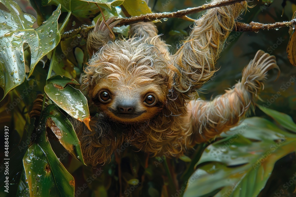 Obraz premium A baby sloth hanging upside down from a tree branch, with a slow and content expression. The background shows a tropical rainforest