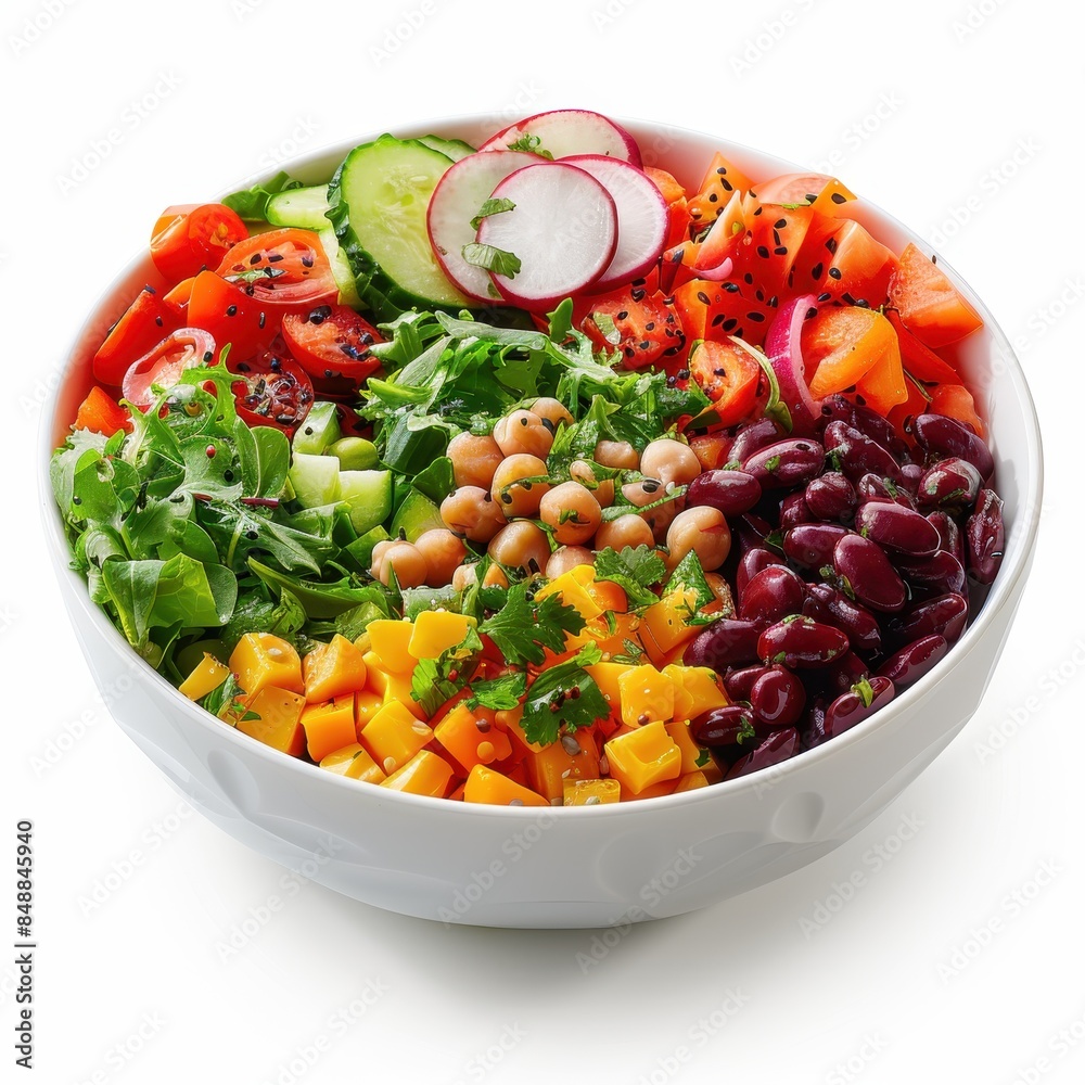 A vibrant and colorful healthy salad bowl featuring fresh vegetables, beans, and leafy greens, perfect for a nutritious meal. A vibrant and colorful healthy salad bowl featuring fresh vegetables, beans, and leafy greens, perfect for a nutritious meal.
