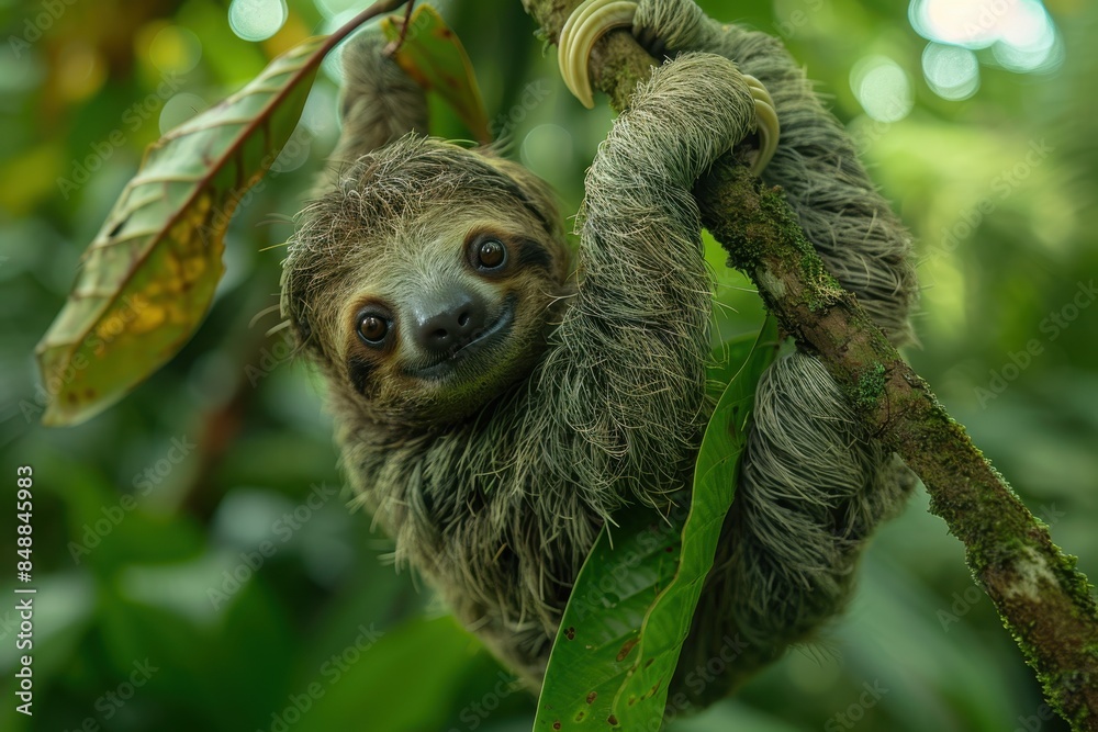 A baby sloth hanging upside down from a tree branch, with a slow and content expression. The background shows a tropical rainforest A baby sloth hanging upside down from a tree branch, with a slow and content expression. The background shows a tropical rainforest