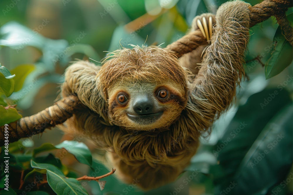 Naklejka premium A baby sloth hanging upside down from a tree branch, with a slow and content expression. The background shows a tropical rainforest