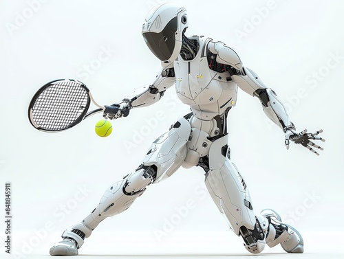 fullbody android playing tennis, precise movement, futuristic racket, isolated on white background