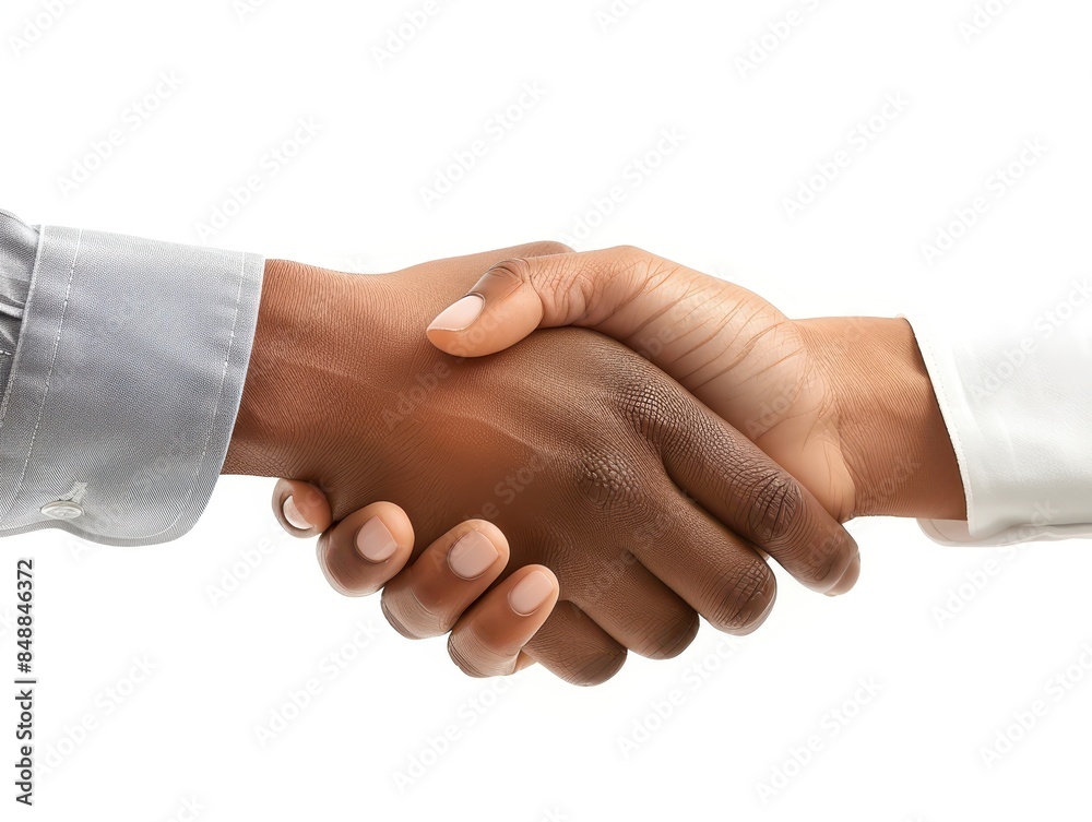 Close-up of a handshake between two individuals of different ethnicities, symbolizing partnership, agreement, and cultural diversity. Close-up of a handshake between two individuals of different ethnicities, symbolizing partnership, agreement, and cultural diversity.