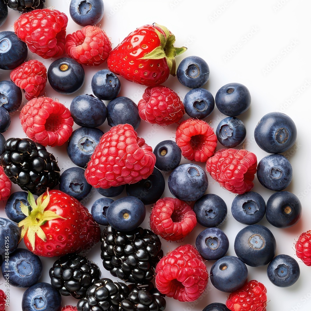 Fresh assortment of mixed berries including strawberries, raspberries, blueberries, and blackberries on a white background. Fresh assortment of mixed berries including strawberries, raspberries, blueberries, and blackberries on a white background.