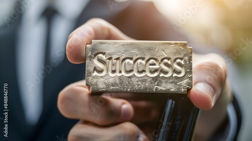 Closeup of a Gleaming Trophy Engraved with the Word  Success  in a Businessperson s Hand photo