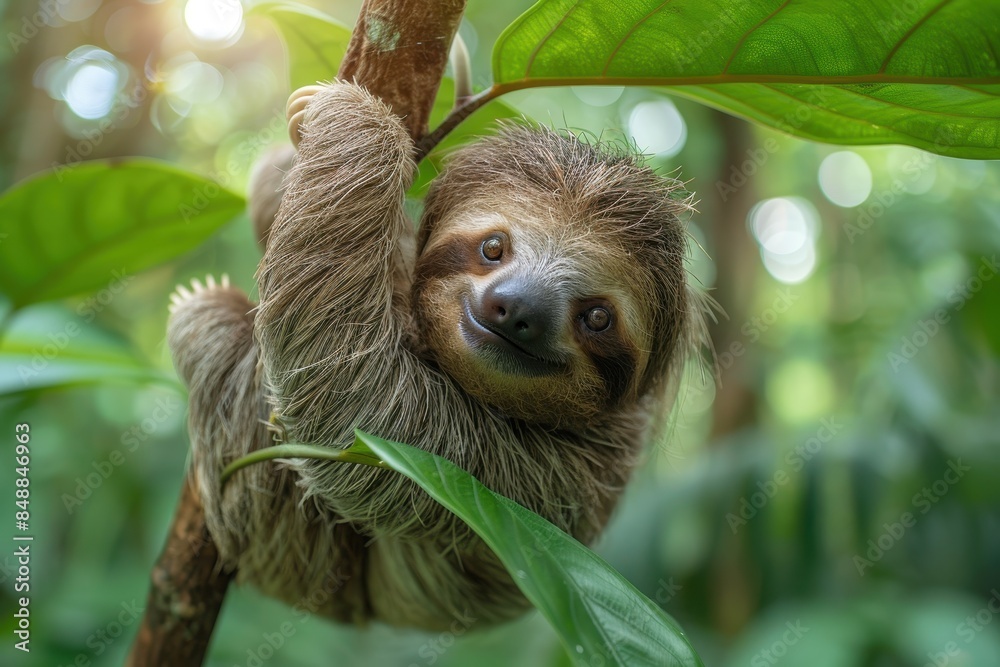 A baby sloth hanging upside down from a tree branch, with a slow and content expression. The background shows a tropical rainforest A baby sloth hanging upside down from a tree branch, with a slow and content expression. The background shows a tropical rainforest