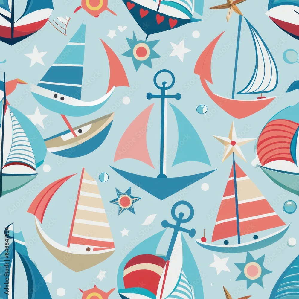 Seamless pattern of pastel sailboats, anchors, and nautical ropes on a serene sea background, invoking a sense of adventure and exploration, Generative AI Seamless pattern of pastel sailboats, anchors, and nautical ropes on a serene sea background, invoking a sense of adventure and exploration, Generative AI