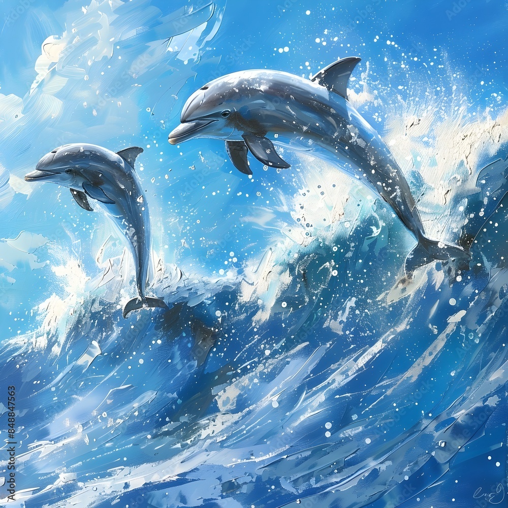 Fototapeta premium Playful Dolphins Leaping and Frolicking in Crashing Ocean Waves with Dynamic and Joyful Movement