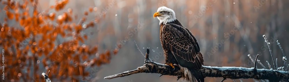 Fototapeta premium Majestic Bald Eagle Perched on Branch Surveying Wilderness Landscape