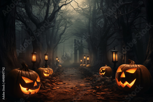 a path with lanterns and pumpkins on it photo