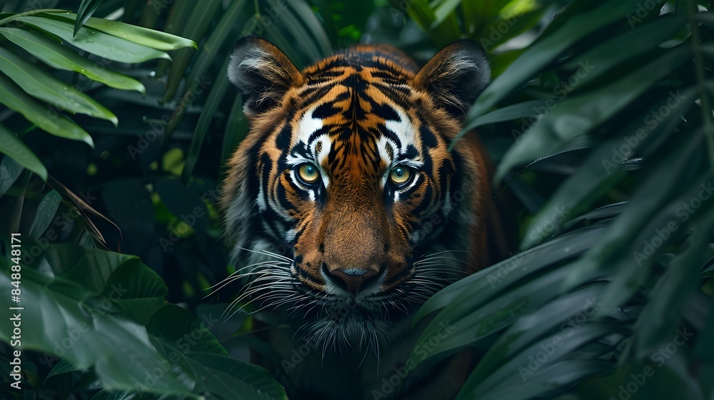 Intense Gaze of a Powerful Tiger Prowling Through Dense Jungle Foliage Intense Gaze of a Powerful Tiger Prowling Through Dense Jungle Foliage