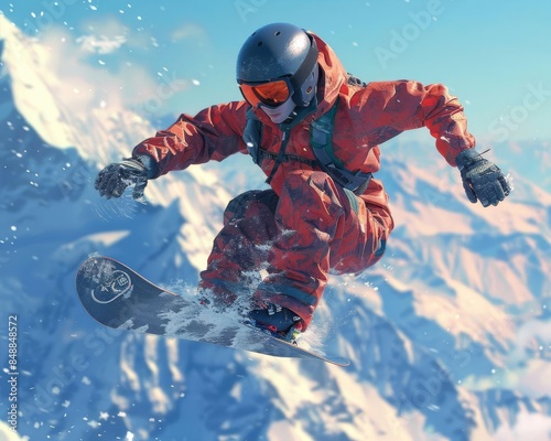 An exciting image capturing a snowboarder performing a trick on a snowy slope, showcasing adrenaline, skill, and winter sports action. The snowboarder is executing a stylish maneuver with speed and