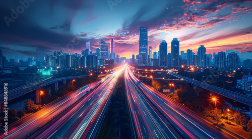High-speed photography of a city highway with tall buildings in the background, light trails from cars passing in the style of light exposure effect, urban landscape. Generative AI. © visoot