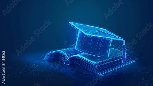 Neon Blue Book and Mortarboard, Online Graduation, Educational Technology : Suitable for Be Used in Blog Posts, Social Media Posts or Website Content Related to Education and Technology Theme.