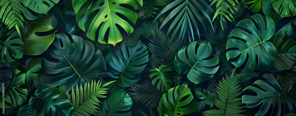 Green leaves of tropical plants and ferns, abstract nature background. Flat lay style with large monstera leaves and foliage in dark green colors. Green leaves of tropical plants and ferns, abstract nature background. Flat lay style with large monstera leaves and foliage in dark green colors.
