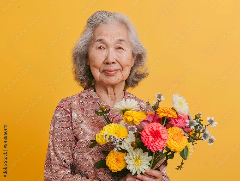 Elderly Asian woman with gray hair holding a flower Elderly Asian woman with gray hair holding a flower