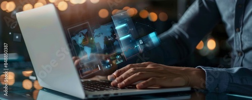 Modern Business Professional Analyzing Key Performance Indicators on Laptop with Digital Dashboard Display