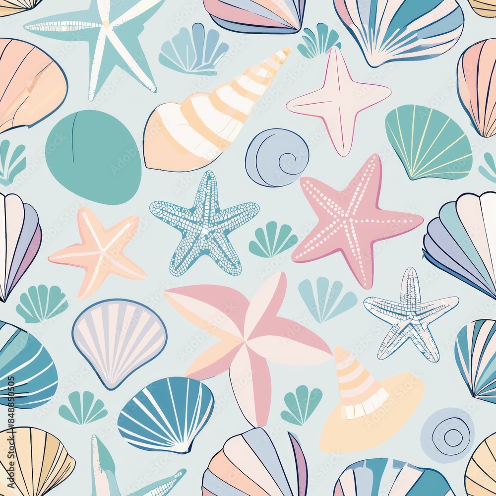 Seamless pattern of pastel-colored seashells and starfish arranged in a repeating motif, capturing the essence of lazy days spent by the ocean, Generative AI Seamless pattern of pastel-colored seashells and starfish arranged in a repeating motif, capturing the essence of lazy days spent by the ocean, Generative AI