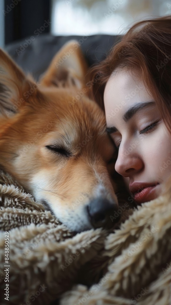 A heartwarming moment captured in an image of a pet dog cuddling with its owner. The bond between the dog and the person is evident, showcasing love and companionship. The cozy scene radiates warmth A heartwarming moment captured in an image of a pet dog cuddling with its owner. The bond between the dog and the person is evident, showcasing love and companionship. The cozy scene radiates warmth