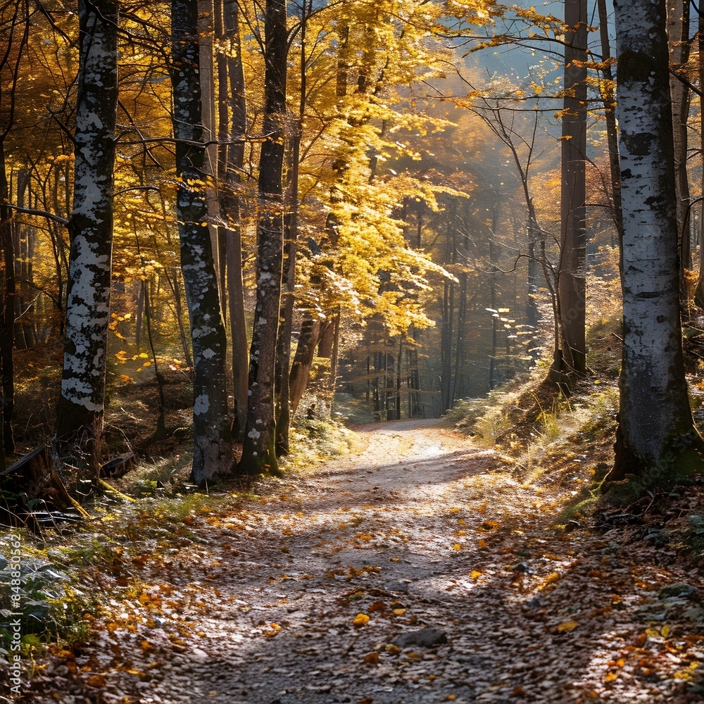 Obraz premium Scenic Autumn Forest Path with Vibrant Foliage and Clear Trail