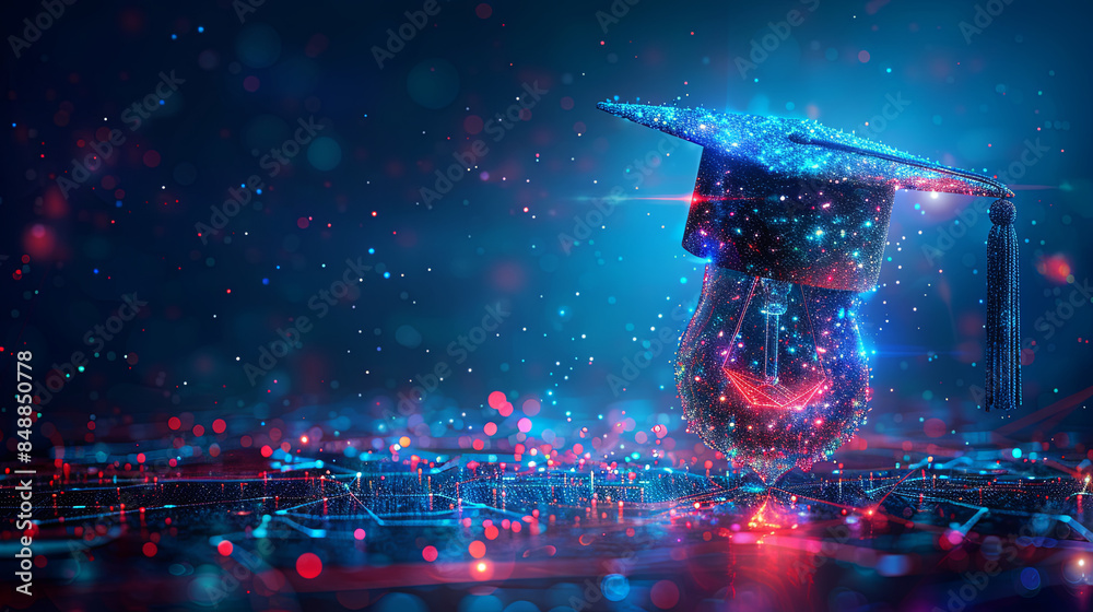 Graduation Innovation Abstract Light Bulb with Graduation Hat and Digital Connections on Dark ...