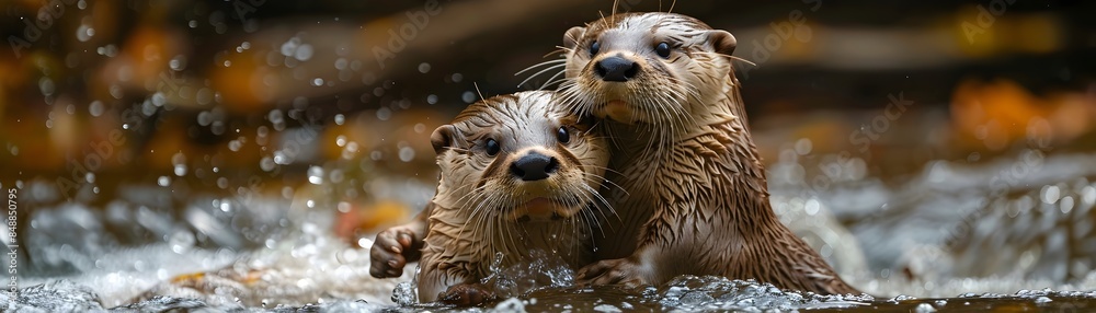 Pair of Playful Otters Swimming and Playing in a Flowing River Energetic and Joyful in Their Natural Habitat