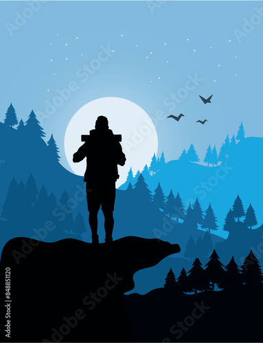 A man standing on a mountain peak watching the scenery around him vector