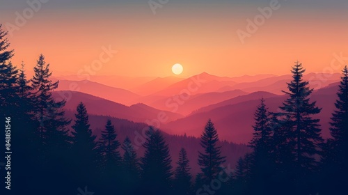 Breathtaking Autumn Sunset Over Majestic Mountain Range with Silhouetted Trees