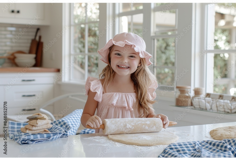 A young girl is making a pie crust in a kitchen A young girl is making a pie crust in a kitchen