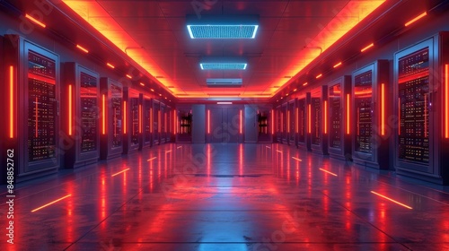 Modern Server Room: Racks of Network Servers with LED Lights © Ummeya