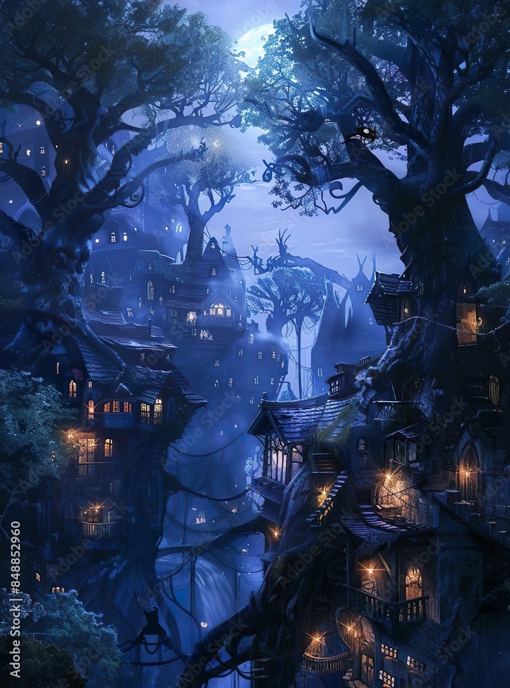 Obraz premium Fantasy of house tree at night scene 