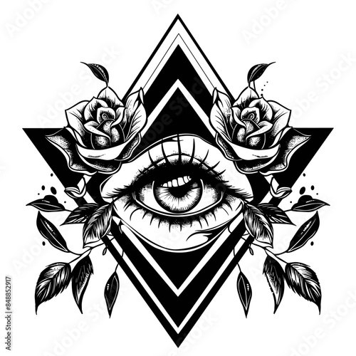 A black and white drawing of an eye with a rose on the left side and a rose on the right side