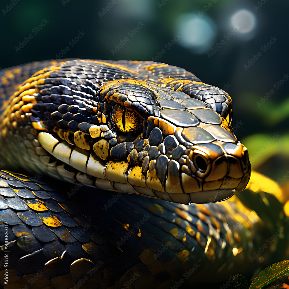 A hyper-realistic, macro-photography close-up captures the predatory gaze of a yellow-eyed giant anaconda, its glistening scales and intricate patterns showcased in stunning detail. A hyper-realistic, macro-photography close-up captures the predatory gaze of a yellow-eyed giant anaconda, its glistening scales and intricate patterns showcased in stunning detail.