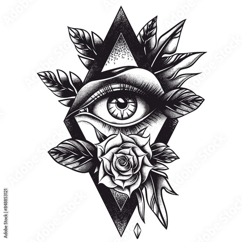 A black and white drawing of a rose with a large eye in the center. The eye is surrounded by a triangle and the rose is in the background. The drawing has a mysterious and intriguing mood